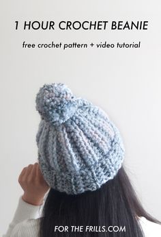 a woman wearing a knitted hat with the text, 1 hour crochet beanie