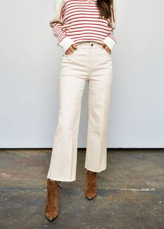 Ecru Aberdeen Wide Leg Crop – VIQU Cream Mid-rise Jeans For Fall, Cream Cropped Leg Fall Jeans, White Bottoms For Workwear With Standard Cut Leg, Cream Cropped Leg Jeans For Fall, White Standard Cut Leg Bottoms For Work, Standard Cut Leg White Bottoms For Work, Fitted Cream Jeans For Fall, Fall Cream Cropped Leg Jeans, Cream Cropped Leg Workwear Bottoms