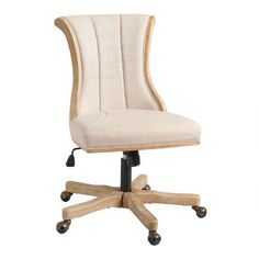 an office chair with wheels on the back and seat upholstered in beige fabric