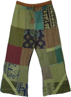 This fresh off the oven style for summer is chic, boho, unrestricted and so enviro-friendly with its recycled patchwork design and a pocket on either side. The coloration is mainly green, but also has some blue, purple, brown on different patchwork prints, etc. These cotton pants are worn as a loose fit and therefore are airy and comfortable with elastic and drawstring on the waist some of the patches are slightly sheer. Colorful printed and plain patch-work and over-dye ethnic design cotton tro Green Patchwork Pants For Spring, Green Patchwork Bottoms For Summer, Hippie Cotton Bottoms With Floral Patchwork, Bohemian Cotton Pants With Floral Patchwork, Summer Green Patchwork Bottoms, Bohemian Cotton Bottoms With Patchwork, Bohemian Cotton Bottoms With Floral Patchwork, Summer Hippie Patchwork Pants, Hippie Summer Patchwork Pants