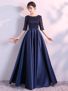 Charming Evening Dresses Dark Navy Long evening dress Lace Satin Bow Sash Half Sleeve Formal Gowns-Ballbella Short Sleeve Prom Dresses, Prom Dress Lace, Cheap Party Dresses, Bow Sash, Gaun Fashion, Fabric Embellishment, Long Dress Design, فستان سهرة, Lace Evening Dresses