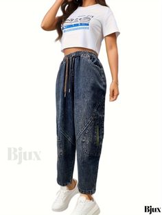 Bjux - Womens Drawstring Elastic Waist Harem Denim Jeans with Slant Pockets - Versatile and Stylish Straight Fit Denim Jeans Casual Denim Blue Jeans With Drawstring, Denim Blue Jeans With Drawstring, Straight Fit Denim, Summer Fall, Autumn Summer, Denim Jeans, Elastic Waist, Weaving, Cotton Blend