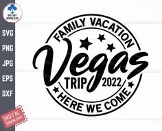 the vegas trip logo is shown in black and white, with stars on it's side