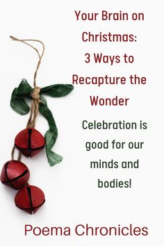 a christmas card with three red hearts hanging from a string and the words,'your brain on christmas 3 ways to recipture the wonder celebration is good for our minds and bodies