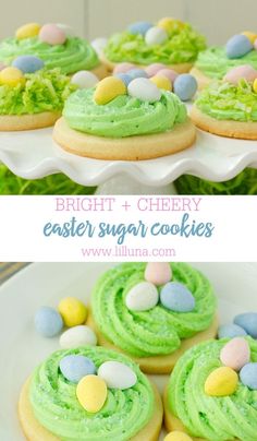 bright and cheery easter sugar cookies with green frosting on a white platter