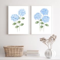 two blue flowers are on the wall next to a basket with books and a wicker basket