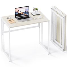 a laptop computer sitting on top of a wooden desk next to a white dog door