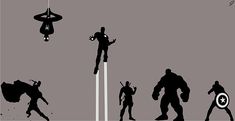 the silhouettes of superheros are shown in black and white, as well as an image