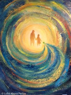 a painting of two people holding hands in the middle of a swirl