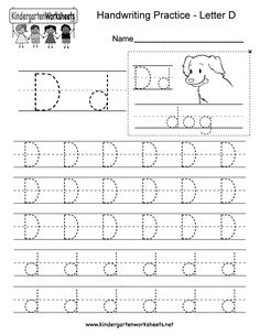 handwriting practice worksheet with letter d and dog on the page, for children to learn