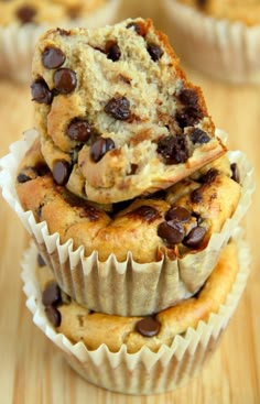 three chocolate chip muffins stacked on top of each other