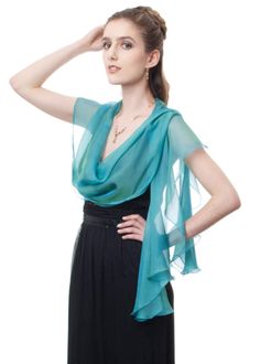 "This airy fluttering scarf, wrap in peacock (greenish-blue) color can jazz up your minimalist dress and give you beautiful feeling of feminine charm as well as give you enjoyable silken touch by covering your shoulders. Made with iridescent silk chiffon and goes from casual daytime to elegant evening wear. Use it as a shawl, wrap sash or as a head cover. DESIGN DESCRIPTION: Free-form, curved cut, fluttering edges. Signature curved cut of scarf top line creates beautiful soft drapes and keep sca Formal Summer Shawl, Elegant Silk Scarf For Summer Party, Elegant Silk Shawl Scarf For Summer, Elegant Green Scarves For Party, Elegant Summer Shawl Scarves, Elegant Green Shawl For Spring, Elegant Blue Shawl For Spring, Elegant Chiffon Scarves For Summer, Elegant Silk Chiffon Scarves For Summer