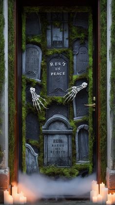 a cemetery door decorated with moss and candles