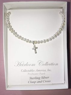 Freshwater Pearl Necklace w/ Cross Strasburg Children First Communion Pearl Drop Jewelry, White Crucifix Pearl Necklace As A Gift, Silver Cross Pendant Pearl Necklace As Gift, Silver Pearl Necklace With Cross Pendant For Gift, Necklace With Cross, Necklaces And Bracelets, Pearl Collection, Freshwater Pearl Necklace, Seed Pearl