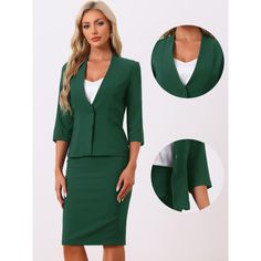 The elegant skirt-suit set is designed to make you look polished and professional in any corporate setting. The collarless blazer adds a modern touch to this classic ensemble, while the pencil skirt provides a flattering silhouette. Made from soft materials, this suit set offers excellent durability and comfort throughout the day. Whether you're attending an important meeting or presenting in the boardroom, this outfit will exude confidence and style. Pencil Skirt Office, Blazer And Pencil Skirt, Skirt Office, Collarless Blazer, Women's Office, Work Outfit Office, Business Skirt, Womens Office, Peplum Blazer