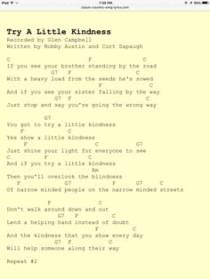 a screen shot of a song with the words try a little kindness written on it