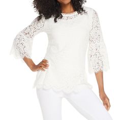 Isaac Mizrahi Floral Lace 3/4 Bell Slv Tunic Cream Features: Floral Lace Pattern; 3/4-Length Unlined Bell Sleeves; Peek-A-Boo Scoop Neckline With Scallop Trim; Bust Darts; Side Slits; Lined Body; Scallop Hem; Eyelash Detail At Sleeve And Bottom Fit: Semi-Fitted; Follows The Lines Of The Body With Added Wearing Ease Length: Missy Length 27-1/2" To 29-5/8"; Plus Length 30" To 31-3/4" Content: Shell 48% Nylon/34% Cotton/18% Rayon; Lining 100% Polyester Care: Hand Wash, Line Dry Size - Medium Spring Lace Blouse With 3/4 Sleeves, Lace Blouse With 3/4 Sleeves For Spring, Lace Blouse With Three-quarter Sleeves For Spring, Elegant Stretch Top With 3/4 Sleeves, Elegant Half Sleeve Tops For Spring, Elegant Stretch Top With Half Sleeves, Elegant Half Sleeve Blouse For Spring, Elegant White Half Sleeve Blouse, Elegant 3/4 Sleeve Blouse For Brunch