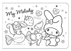 hello kitty coloring pages with the words my melody and other cartoon characters in black and white