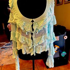 Hook And Eye With Jewels . Length 18”,Waist 19”, Sleeve 23” Trendy Light Blue Summer Outerwear, Blue Ruffled Outerwear For Spring, Blue Long Sleeve Outerwear With Ruffles, Spring Blue Tops One Size, Blue Crochet Sweater, Upcycle Design, Sweaters Women, Blue Crochet, Design Clothes