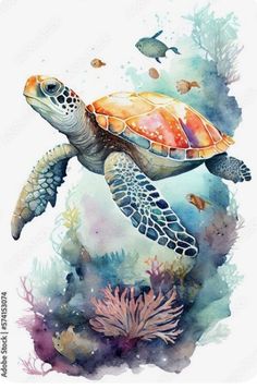 a watercolor painting of a turtle swimming in the ocean with corals and fish