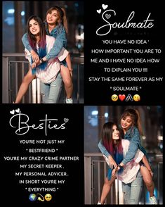 two girls are posing together in front of a black and white background with the words besties written on it