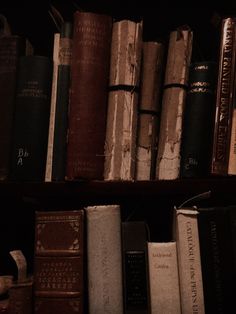 books are lined up on a shelf in a dark room