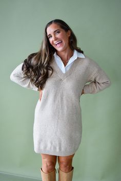 "Be both classic and chic in our Kirsten Sweater Dress - a cozy layered look with a peek of a white button down. Made from super soft fabric, this dress pairs perfectly with tall boots or flats. Perfect for any occasion! Product Details: Measurements: BUST : small 20” medium 21” large 21.5” LENGTH : small 32” medium 33” large 34” 74% acrylic 22% polyester 4% spandex faux button down layer long sleeves true to size model wearing size small model stats: size 4, 5'4 Classic V-neck Mini Dress For Daywear, Cream V-neck Sweater Dress For Fall, Fall Cream V-neck Sweater Dress, Classic Fitted Sweater Dress For Fall, Classic Mini Dress With Buttons For Daywear, Classic V-neck Winter Dress, Winter Knee-length Dresses With Button Cuffs, Knee-length Winter Dresses With Button Cuffs, Casual Collared Winter Dress