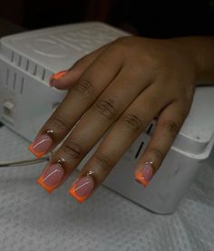 cute orange french tip nail set , they are very pretty for the summer ! Orange French Tip, Short French Nails, French Tip Gel Nails, Orange Acrylic Nails, Short French Tip Nails, Elegant Touch Nails, Gel Nails French, Red Gel Nails, Orange Nail Designs