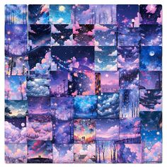 a collage of photos with the sky and clouds painted in pastel purples