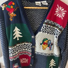 Vintage Christmas Disney Store Sweater Cardigan Size Large Pooh Vintage Christmas Sweater, Disney Christmas Sweater, Christmas Disney Sweaters, Winnie The Pooh Sweater, Vintage Disney Sweater, Disney Cardigans, Vintage Disney Crewneck, Vintage Christmas Sweaters, Disney Sweaters