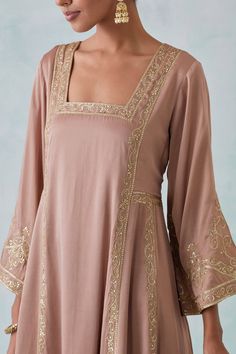 Buy Beige Satin Hand Embroidery Sequin Square A-line Kurta Set For Women by Ikshita Choudhary Online at Aza Fashions. Hand Embroidered Dupatta, Kurta Set For Women, Embroidered Hem, Satin Hands, A Line Kurta, Embroidered Dupatta, How To Hem Pants, Embroidery Suits, Stylish Dress Designs