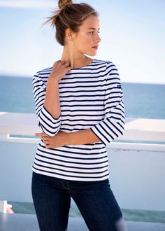 GALATHEE II - Breton Striped Top with ¾ Sleeve | Soft Cotton | Women Fit (WHITE / NAVY) Breton Stripe Shirt, Breton Top, Breton Stripes, Sea Shore, Saint James, Hospitality Industry, French Riviera, Sleeves (women), Striped Tee