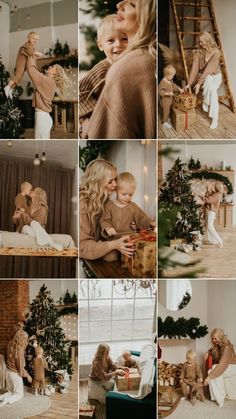 a collage of photos with women and children around the christmas tree in their living room