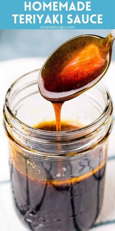 a spoon full of homemade teriya sauce in a jar with the title above it