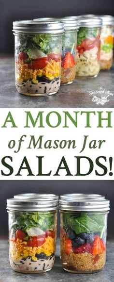 four mason jars filled with salads and the words, month of mason jar salads