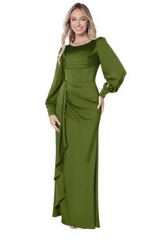 a woman in a long green dress