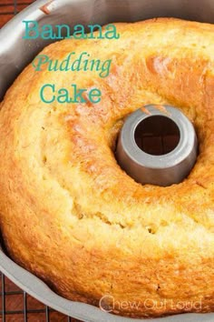 a bundt cake sitting in a pan on top of a cooling rack with text overlay