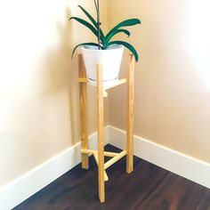 a white potted plant sitting on top of a wooden stand next to a wall