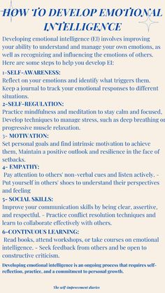 developing emotional intelligence is an ongoing process and involves improving your ability to understand and manage your emotions as well as others #selfimprovement #emotionalintelligence #selfgrowth How To Improve Emotional Intelligence, How To Get More Intelligent, How To Become Emotionally Intelligent, How To Develop Emotional Intelligence, Emotional Intelligence Exercises, Books On Emotional Intelligence, Emotional Intelligence Affirmations, Emotional Intelligence Worksheets, Emotional Shopping