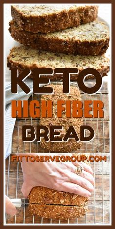 keto high fiber bread on a cooling rack with text overlay that reads, keto high fiber bread