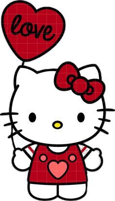 a hello kitty holding a heart shaped balloon with the word love on it's side