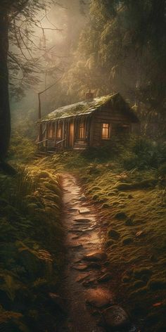 an old cabin in the middle of a forest with moss growing on it's roof