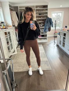 I’m loving these brown leggings from Amazon & this free people cropped sweater🤍 Fall fashion - Mom outfit - Easy fashion - Style tips - Outfit inspo Brown Legging Outfits Fall, Brown Legging Outfits, What To Wear With Brown Leggings, Legging Outfits Fall, Women Athleisure Outfits, Brown Leggings Outfit, Yoga Pants Outfit Fall, Womens Athleisure, Leggings Outfit Fall