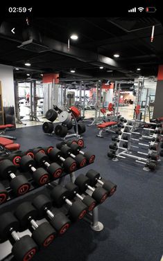 a gym with rows of dumbs and weight machines