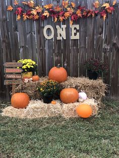 pumpkins and hay bales in front of a one sign on a wooden fence