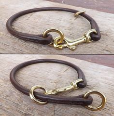 two pictures of the same leather bracelet with brass fittings on each side and an open loop at the end