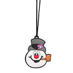 a snowman ornament hanging from a cord