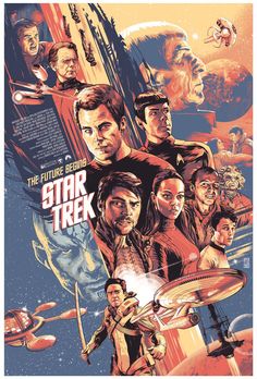 the star trek movie poster is shown with many people in space around it and an orange background