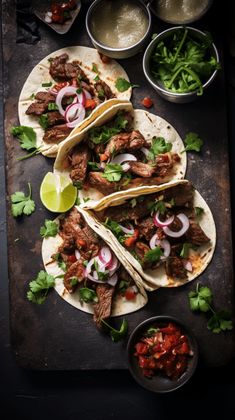 three tacos with meat, onions and cilantro on a cutting board