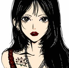 a drawing of a woman with long black hair and tattoos on her chest is shown